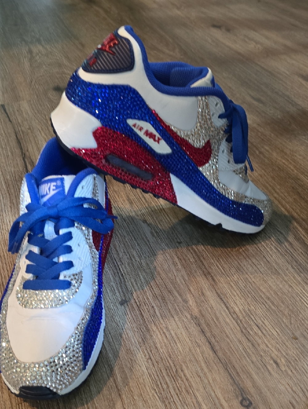 Nike Air Max Custom Crystal Sneakers - Blue, Red, Silver. Youth 6.5 Womens 8